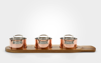 9cm copper clad serving casserole dish, set of 3 with wooden serving tray
