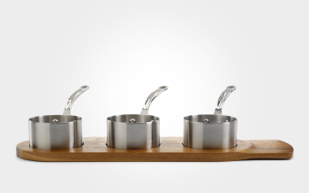 9cm stainless steel serving saucepan, set of 3 with wooden serving tray