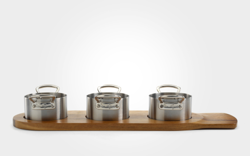 3 piece stainless steel serving casserole dish set, with wooden serving tray