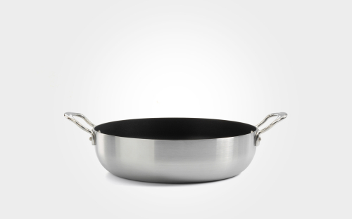 26cm stainless steel tri-ply non-stick chefs pan, with side handles